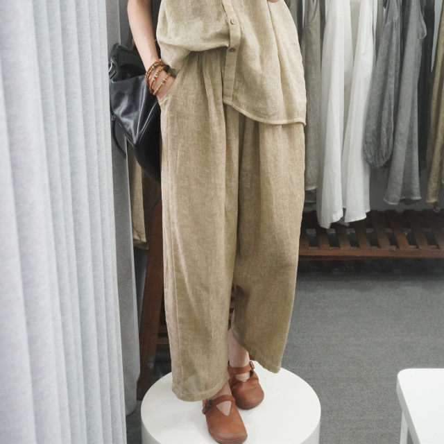 Chenyu high-quality white pure ramie pants for women's summer double-layer nine-point trousers thin loose large size literary and casual