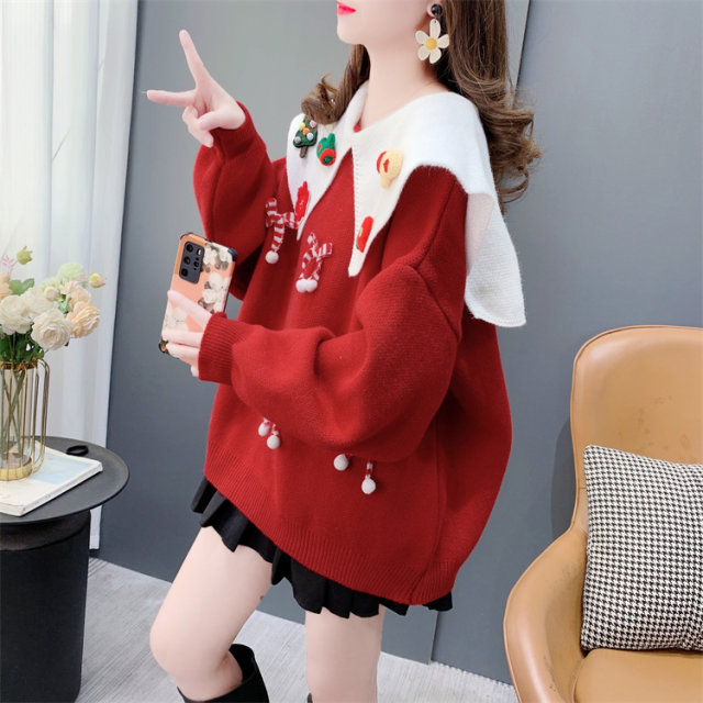 Sweet and gentle style Christmas red doll collar sweater for women in autumn and winter 2023 new Korean style top