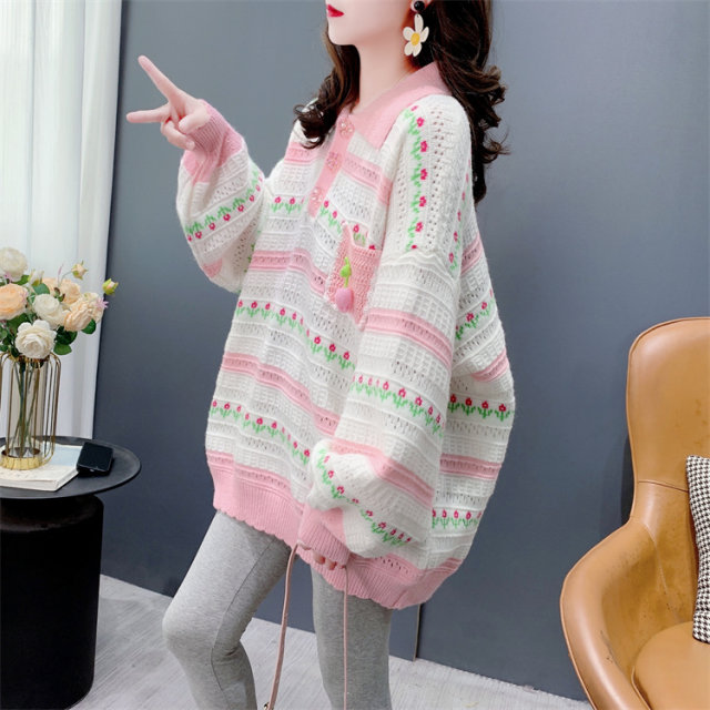 Japanese college style Polo neck sweet pullover sweater for women in autumn 2024 new loose mid-length casual top