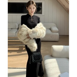 New Chinese Style Improved Cheongsam Black Knit Dress Women's Autumn and Winter Coat Set-Up Body Bags Hip Fish Tail Skirt