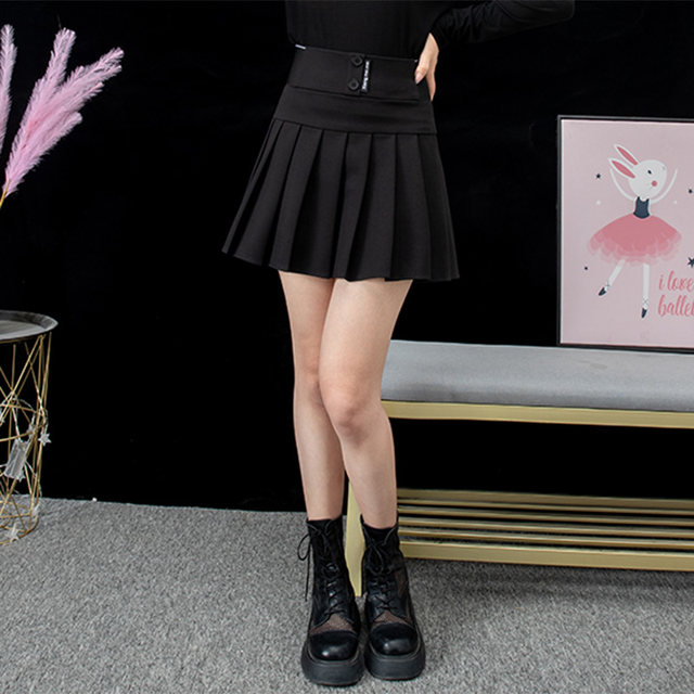 High -waisted pleated skirt Female A -character is thin autumn and winter elastic loose short skirt Black umbrella skirt design feels letters