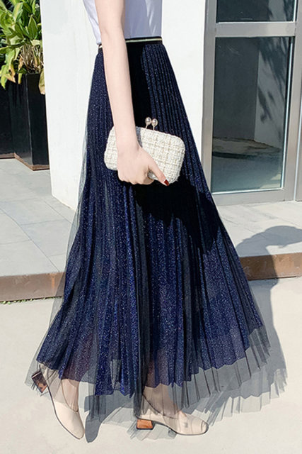Net yarn skirt female new spring, summer, autumn and winter mid -length high -waist A -line skirts are thin shiny, pleated fairy skirt plus velvet
