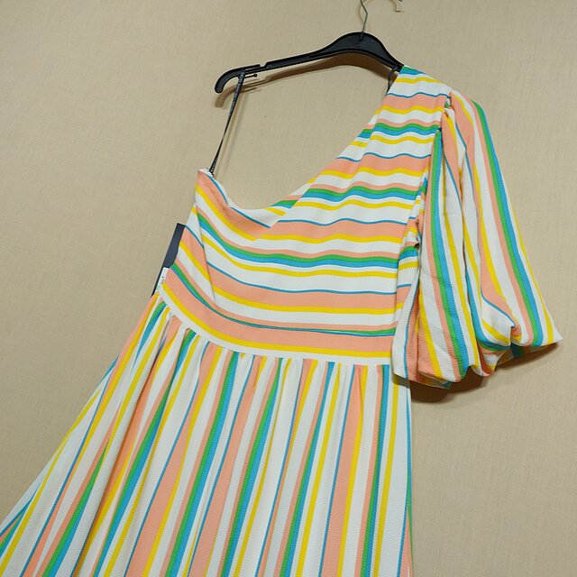 Foreign trade Original Women's Fashion Summer New Seven Color Striped Waist Limited Short -Shop Short -sleeved Long Skirt Women's Dress