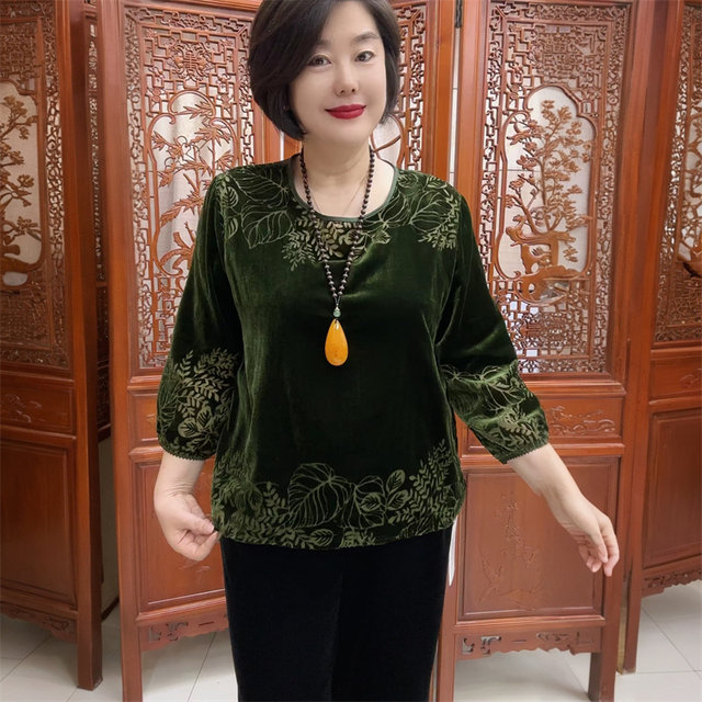 High-end spring and autumn velvet young mother dress loose top flocking and burning flowers to cover flesh to make her look slim and elegant bottoming shirt
