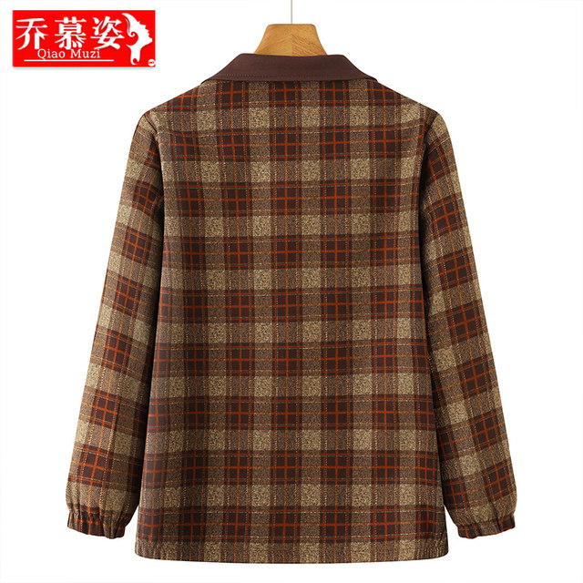 Middle-aged and elderly fashion mother dress plaid coat grandma spring and autumn new lapel zipper jacket top age reduction