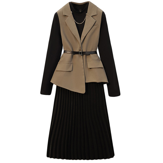 2025 autumn new middle-aged fat mother fashion suit fashionable slim vest base shirt dress two-piece set