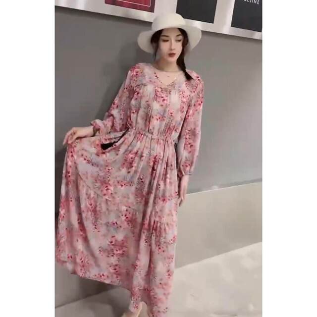 Fashionable popular version dress 2024 spring and summer new beautiful small open collar trouser long sleeve floral dress for women