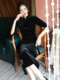 Black velvet cheongsam sexy long women's autumn and winter long-sleeved retro Chinese style modified dress for daily wear