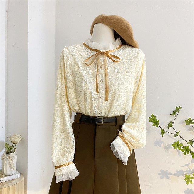 Black fungus lace stand-up collar lace shirt for women in autumn and winter plus velvet thickened sweet inner layer bottom bow shirt top