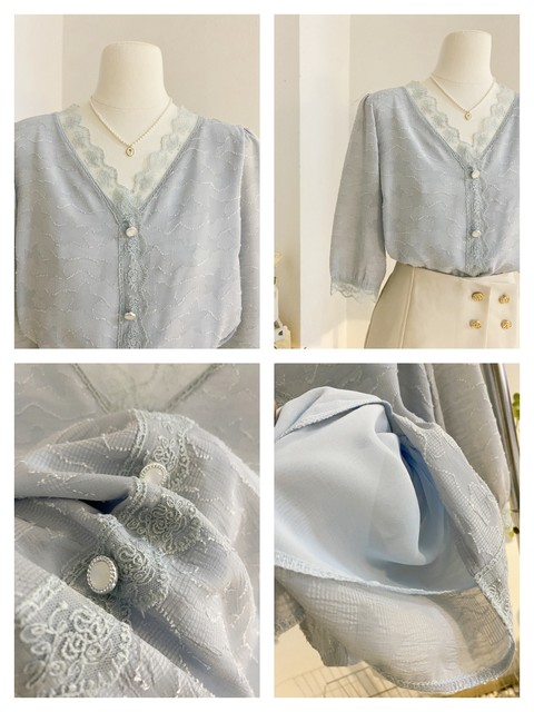 Lace lace V-neck chiffon shirt age-reducing jacquard shirt for women in summer design and fashionable 7-quarter sleeve shirt top