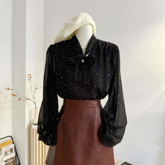 Sequin polka dot black lace-up bow chiffon shirt women's 2025 spring design lantern sleeve shirt top
