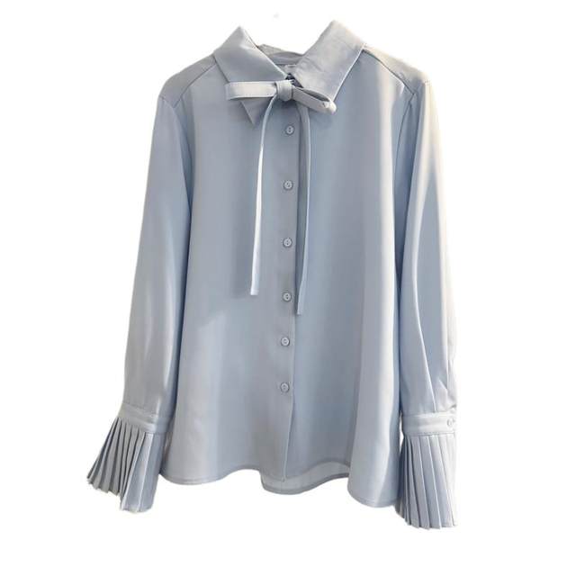 Blue organ trumpet long sleeve bow shirt for women 2025 spring French temperament streamer shirt commuting top
