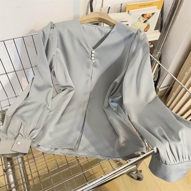 High-end gray beaded V-neck satin shirt for women 2025 spring temperament commuting long-sleeved shirt drooping top