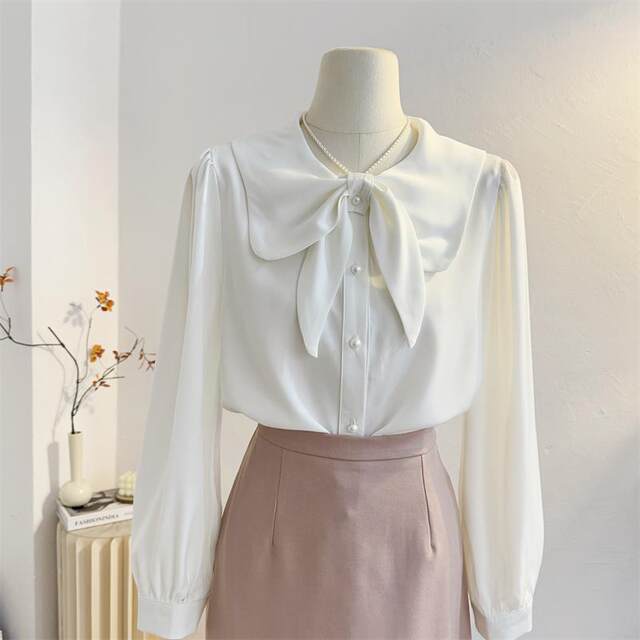 French doll collar bow satin shirt women's long sleeves 2025 spring temperament commuting shirt age-reducing top white