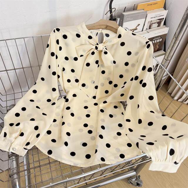 Lace-up bow polka dot chiffon shirt for women 2025 spring new French temperament polka dot printed long-sleeved shirt top