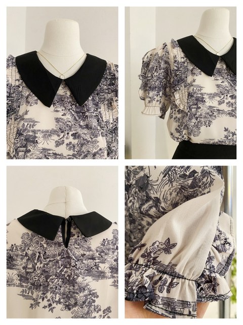 Ink printing doll collar puff sleeve chiffon shirt short-sleeved shirt women's summer design niche fashionable shirt top

