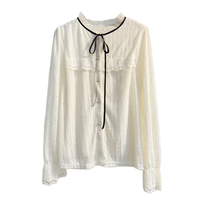 French sweet lace tied fungus stand-alone lace shirt for women in autumn and winter plus velvet thickened temperament bottoming shirt top apricot