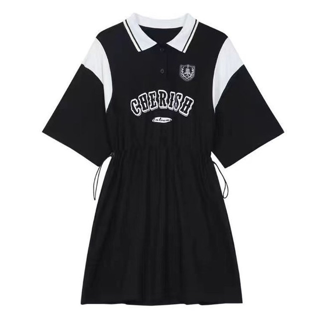 Polo neck summer new short-sleeved dress for women's college style two-wear T-shirt skirt can be slid and casual loose A-line skirt
