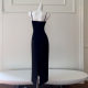 French 2025 summer light luxury diamond jewelry strapless black skirt small dress suspender long slim hip-covered slim dress
