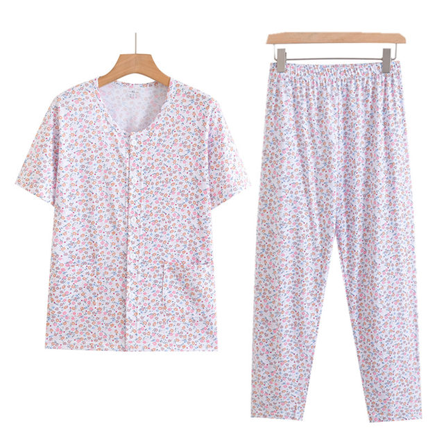 Middle-aged and elderly mothers pure cotton short-sleeved cardigan high-waisted trousers plus fat large size cardigan air-conditioning shirt summer pajamas set