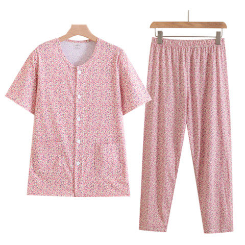 Middle-aged and elderly mothers pure cotton short-sleeved cardigan high-waisted trousers plus fat large size cardigan air-conditioning shirt summer pajamas set