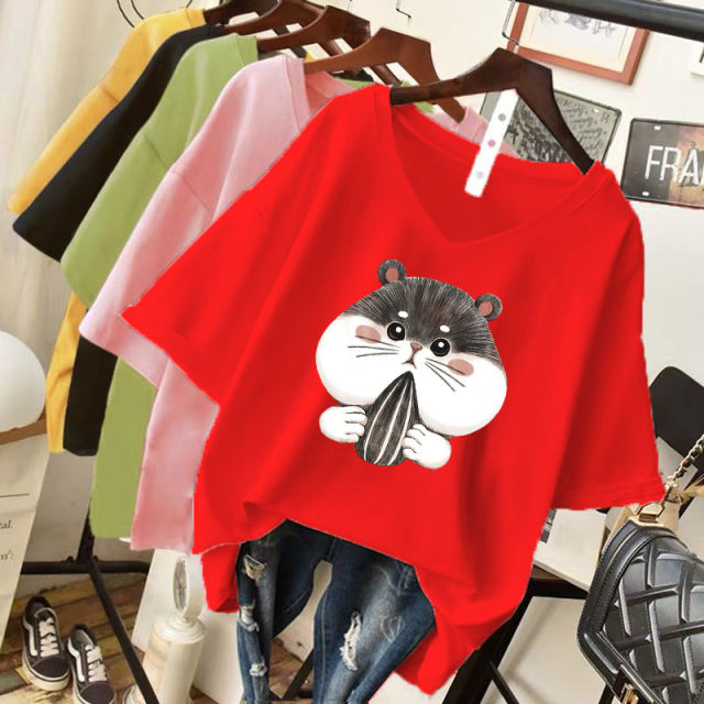2021 Summer new cartoon printed orange pink short -sleeved T -shirt female simplicity cotton V library vitrus base shirt