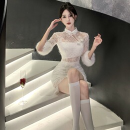 New Chinese style national style improved cheongsam white lace dress female autumn and winter sexy openwork hip little mother skirt