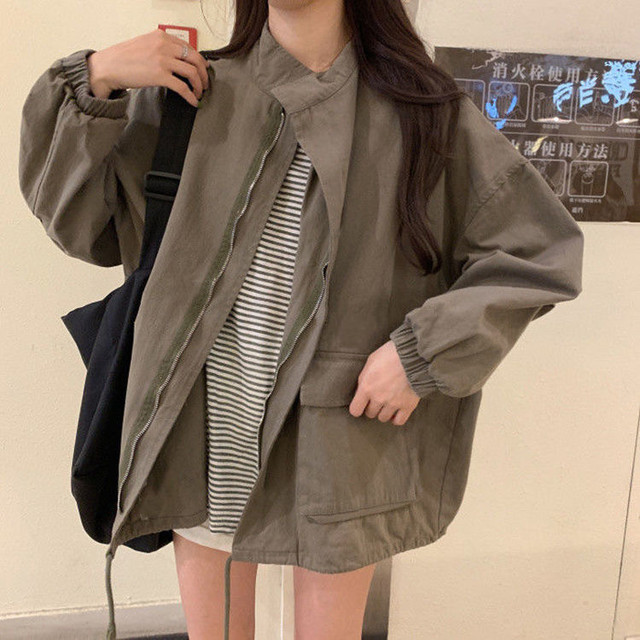 Retro Hong Kong style military green work jacket for women 2025 spring and autumn new bf lazy style thin loose jacket shirt