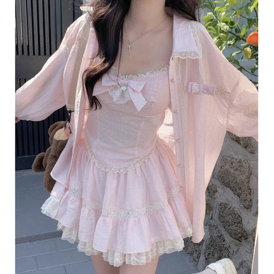Pure and sexy hot girl suit for women 2025 spring and autumn Korean long-sleeved shirt jacket suspender vest high-waisted skirt