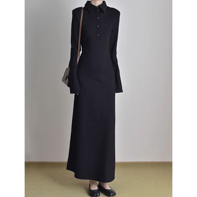 High-end small black long-sleeved dress for women 2025 new Korean dress with long skirt late autumn early winter