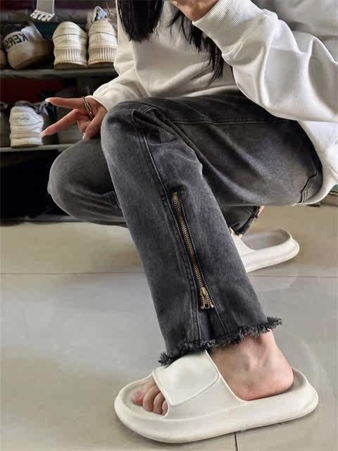 American street hip -hop slice zipper jeans women's spring and autumn loose high waist large size fat mm straight mopped trousers

