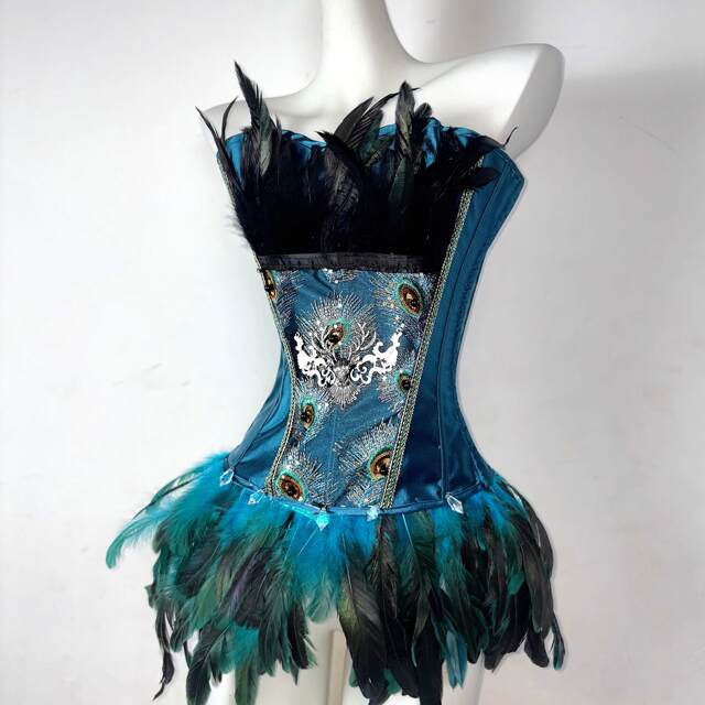 TDH original handmade blue and green peacock gothic dark strap drawstring feather bra affordable corset tube top