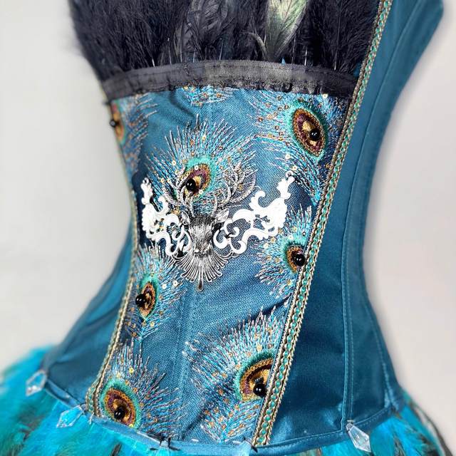 TDH original handmade blue and green peacock gothic dark strap drawstring feather bra affordable corset tube top