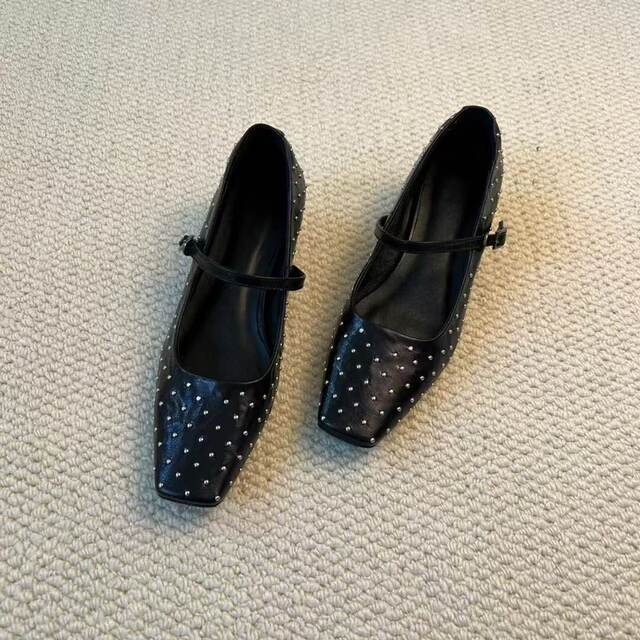 Sheepskin version French Mary Jane shoes for women 2025 new style square toe low heel small leather shoes rivet retro single shoes