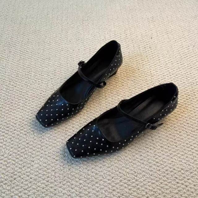 Sheepskin version French Mary Jane shoes for women 2025 new style square toe low heel small leather shoes rivet retro single shoes