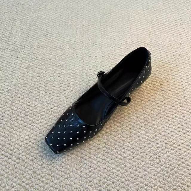 Sheepskin version French Mary Jane shoes for women 2025 new style square toe low heel small leather shoes rivet retro single shoes
