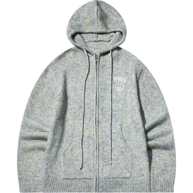 Beaster facial embroidery pattern hooded knitted cardigan male autumn new loose retro sweater outer
