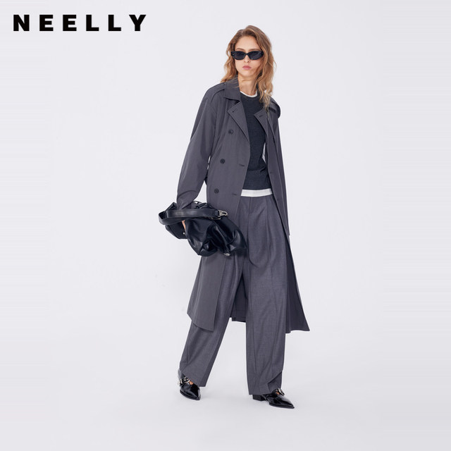 NEELLY 2 Shopping mall's same spring new double-breasted high-end gray windbreaker for women's versatile slim long jacket