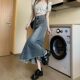 Retro denim skirt for women 2024 summer new high-waisted slimming raw edge mid-length fishtail skirt for small people