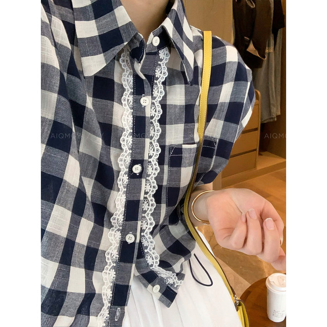 Love Devil Fish Retro Lace Lace Spliced ​​Plaid Shirt Women's New Summer Sleeveless Top