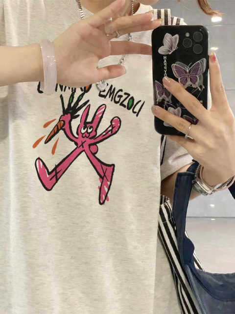Summer retro flower gray cartoon pure cotton large size T-shirt for women round neck loose fat MM mid-length top half-sleeved shirt