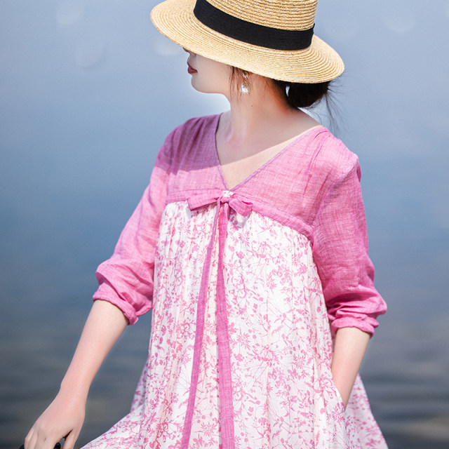 Spot retro pink dress for women summer print loose long skirt for centre sleeves