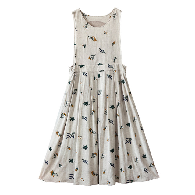 Spot linen embroidered sleeveless dress for women long skirt 2024 summer round neck vest skirt