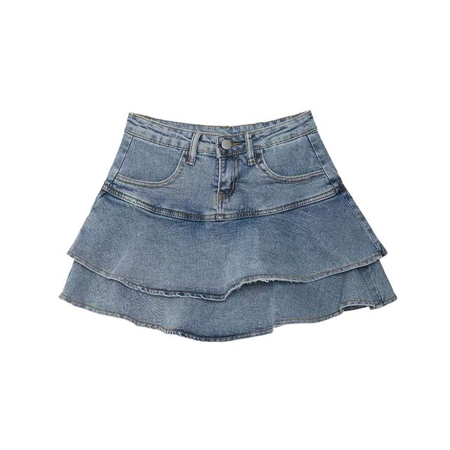 Sunshine girl anti-exposure double-layer hot girl denim skirt large size high waist a-line cake ruffled miniskirt