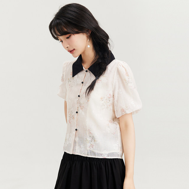 D.SIGN contrasting lapel printed shirt for women 2025 summer new puff sleeve loose age-reducing small shirt