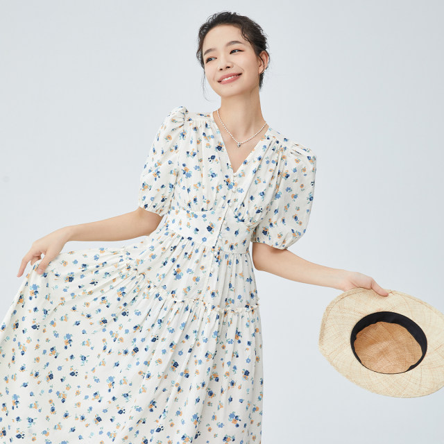 D.SIGN small temperament V-neck mid-length A-line dress for women's summer 2025 new puff sleeve short-sleeved print
