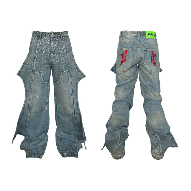 PCCVISION]3MAN0N STAR washed distressed hot diamond embroidered shaped cut  loose jeans trousers