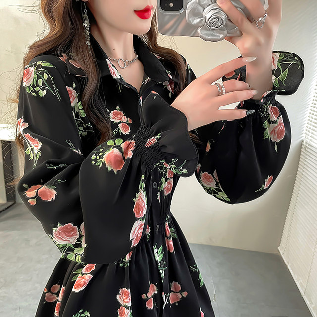 Pink printed mid-length French shirt top for women large size elastic waist ruffle flared sleeve chiffon shirt spring