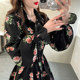 Pink printed mid-length French shirt top for women large size elastic waist ruffle flared sleeve chiffon shirt spring