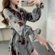 Fat MM spring new shrink waist shirt women's top fashionable and fashionable printed lapel mid-length flared sleeve shirt